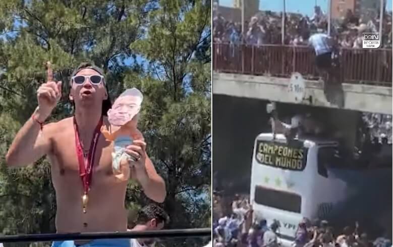 Foto: Idioterie op Argentijns volksfeest: fan valt van metershoge brug, Martínez sneert naar Mbappé