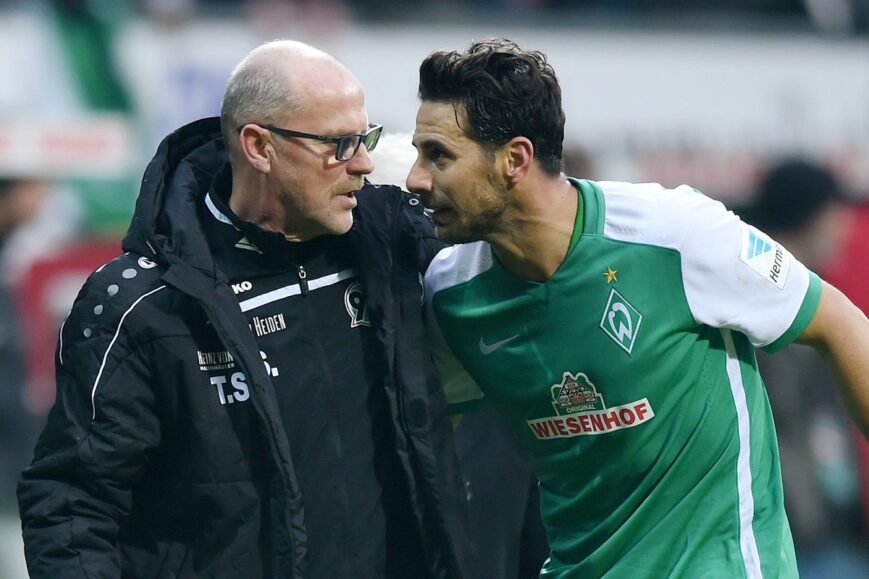 Thomas Schaaf en Claudio Pizarro (Werder Bremen)